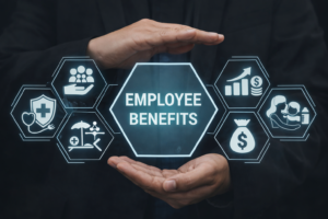 Most important benefits for employees shown with hands protecting employee benefits icons including health insurance, retirement, career growth, and family support.